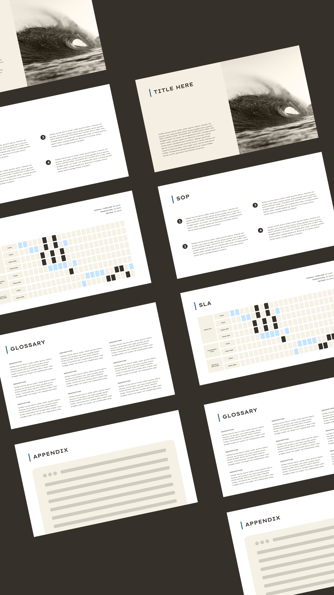 A series of nine presentation slides on a dark background. Slides feature text, tables with blue and black blocks to illustrate timelines and workflows.