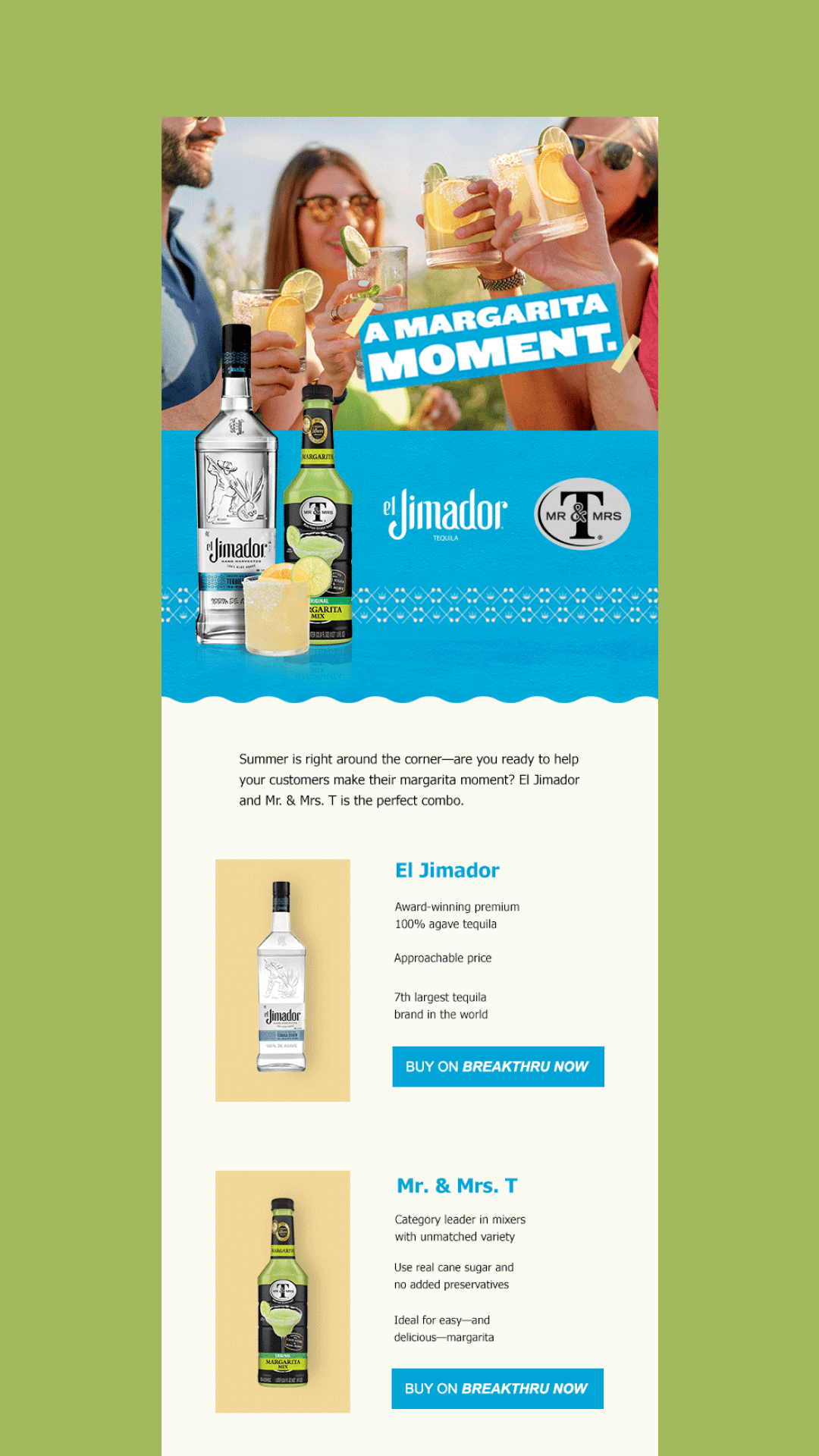 email design on green background for tequila and margarita mix people holding drinks and purchase buttons.