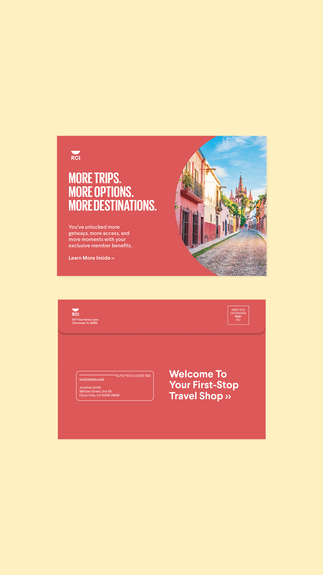 Red envelope on light yellow background with front design showing a cobblestone street in Europe in arch on right and text left aligned that reads: "More trips, more options, more destinations.