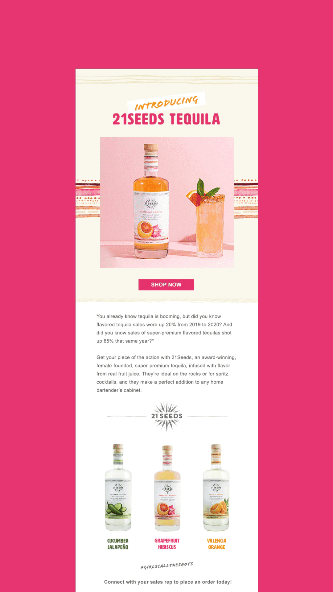 Email design centered on pink background with animated hero image showing three product image for tequila brand launch.