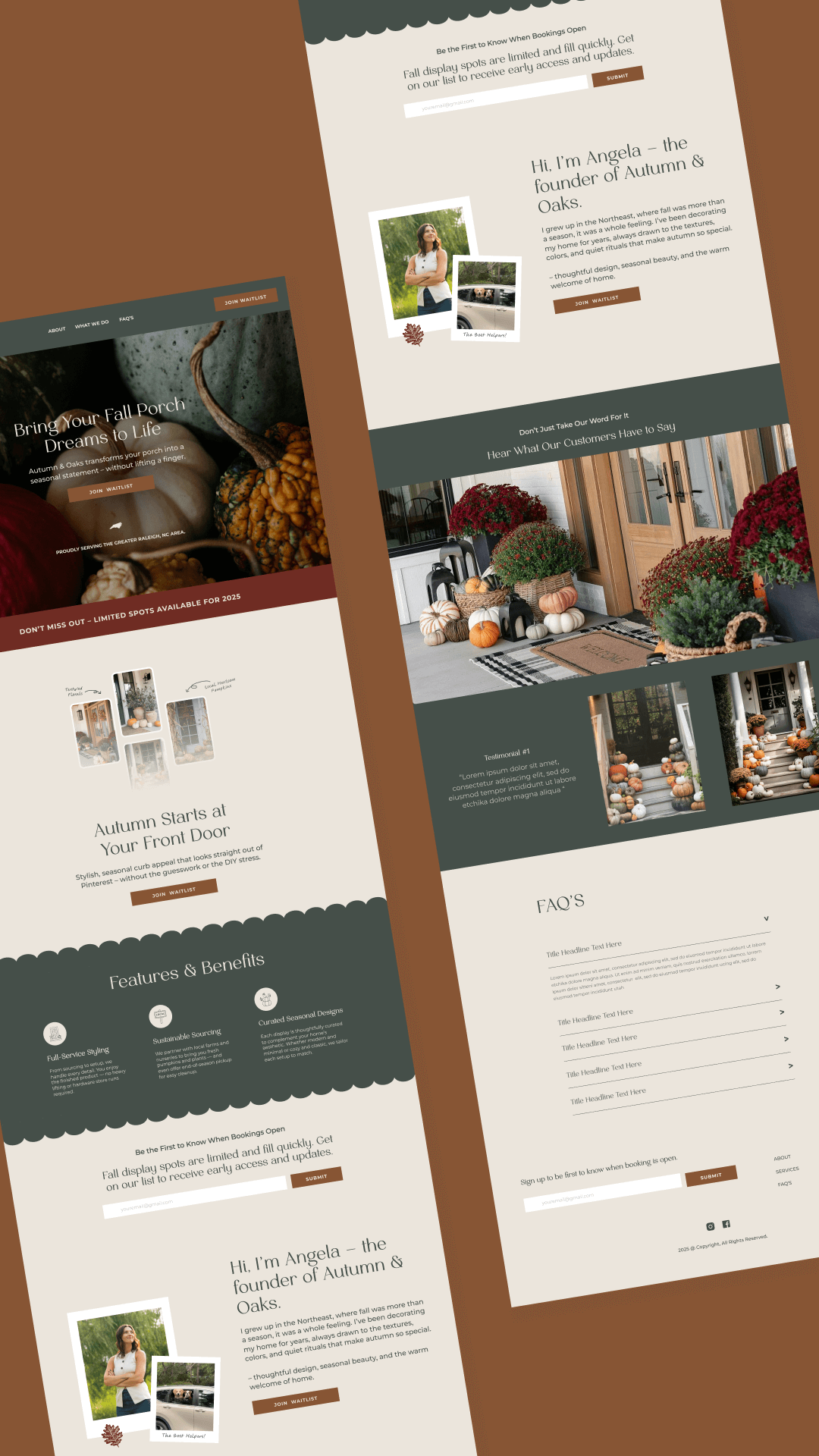 Screenshots of a website for an autumn decor business, showing sections about the founder, product features, FAQs, and autumn decorations with pumpkins and mums.