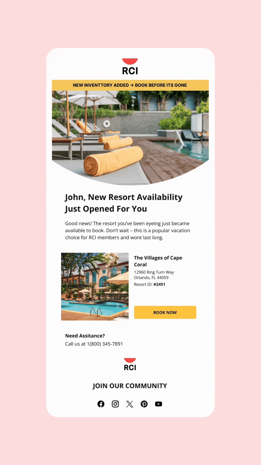 3.  4. Email design centered on yellow background with animation showing the sections ability to move up and down to convey flexibility of design.