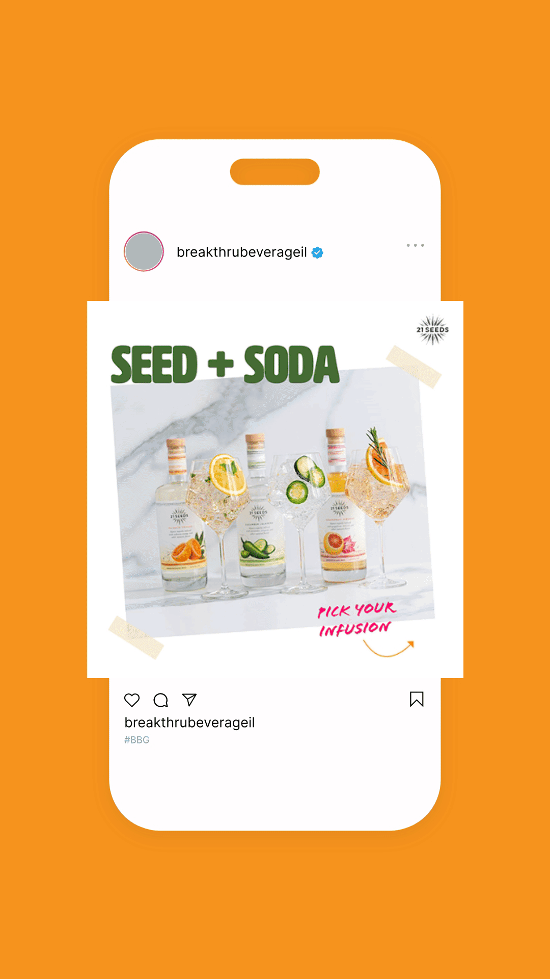 Animated social graphic on orange background for tequila brand showing three recipes for tequila brand launch.