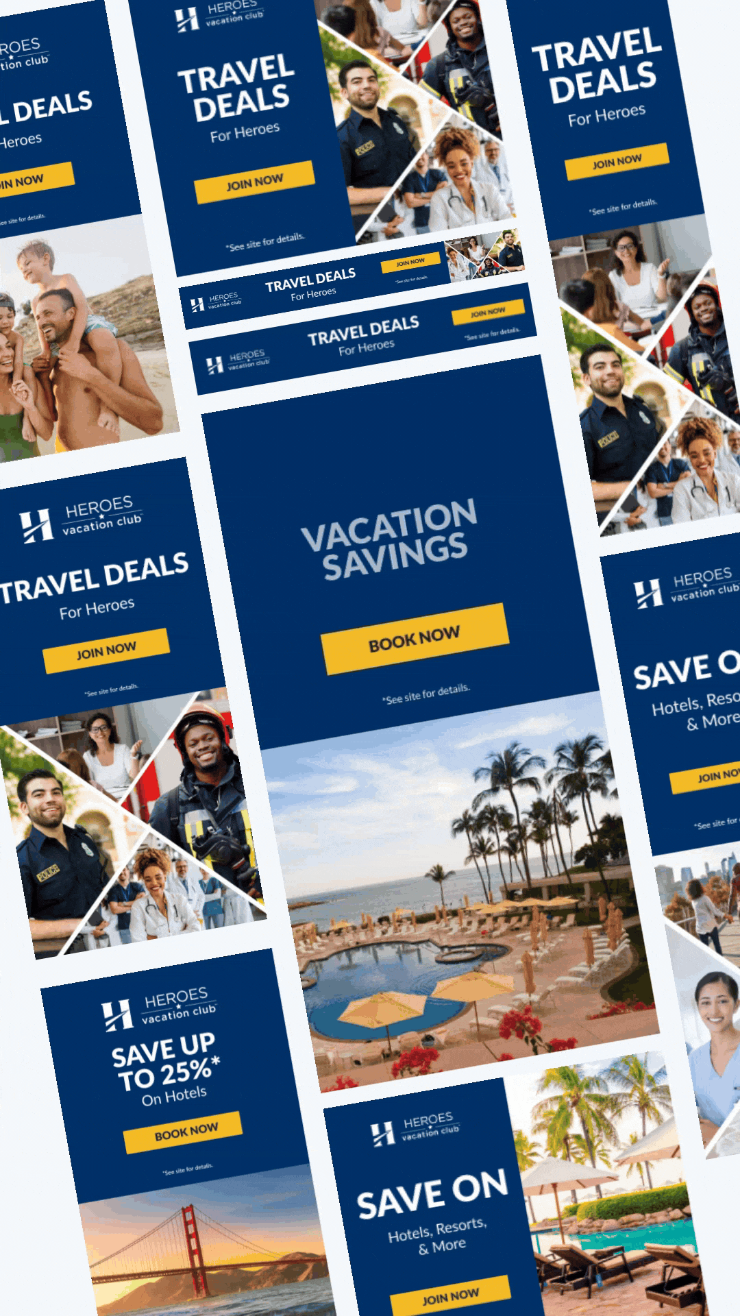 Assorted sized paid media designs in vertical college with animation of heroes, hotel room and pool, and savings details on blue background.