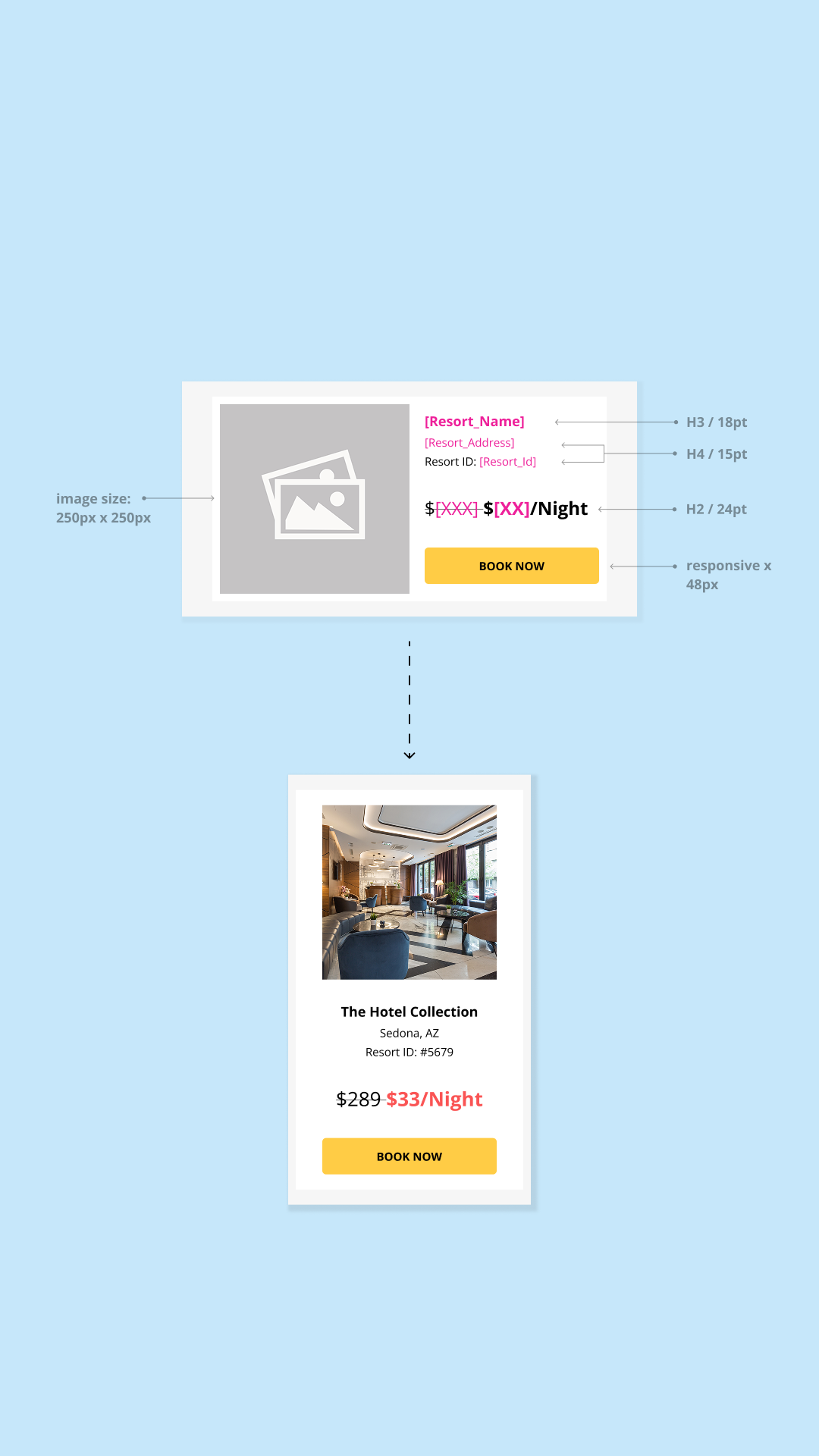 Two resort cards on light blue background with top card features placeholders for resort details, with a "Book Now" button. Bottom card, shows a cozy hotel interior, price, and another "Book Now" button.