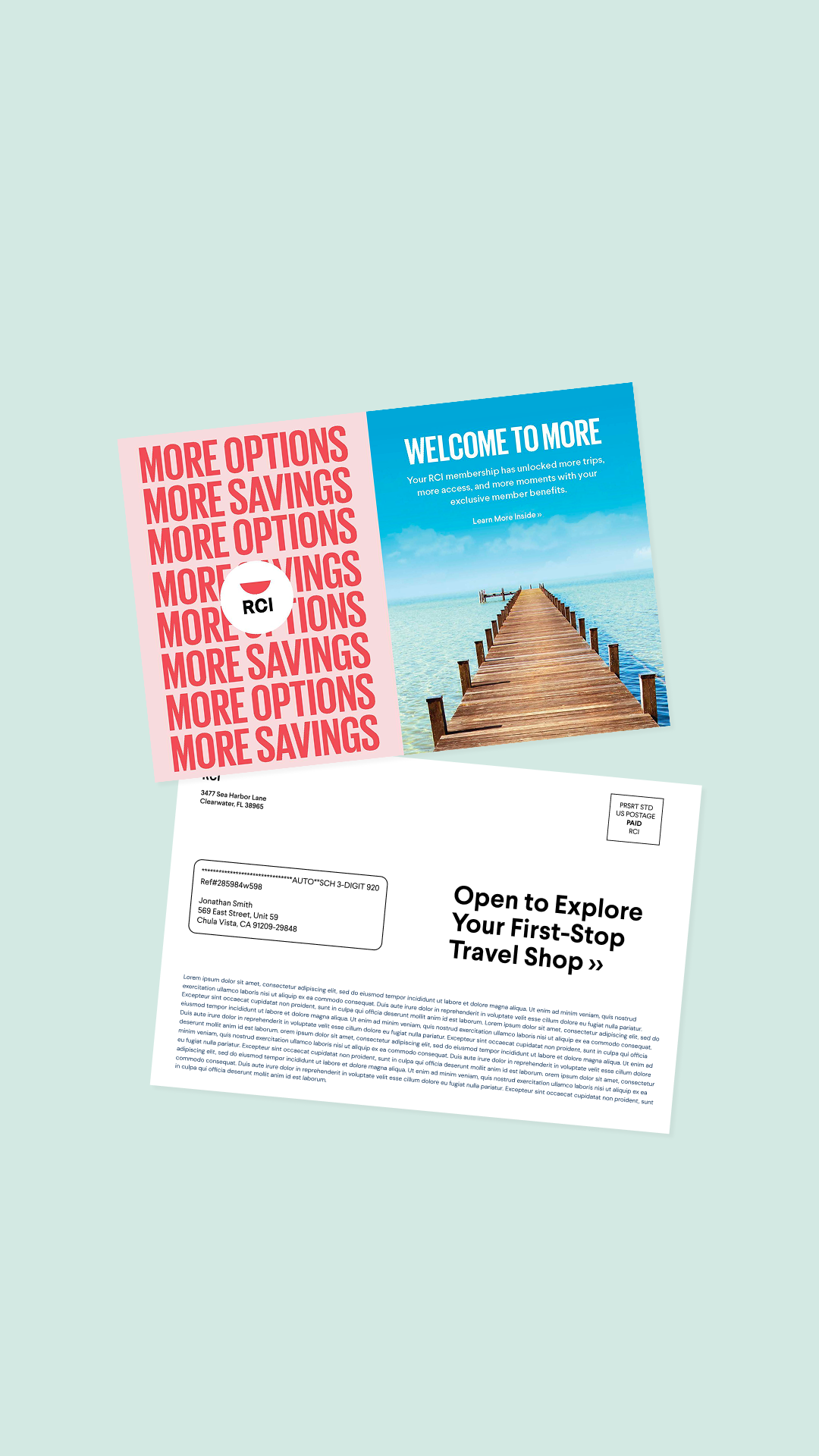 Two graphics showing front and back booklet on a light teal background.
