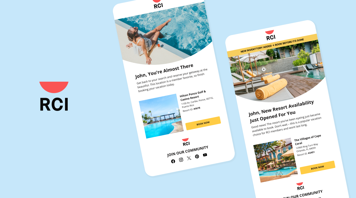 RCI logo on left, with a vertical collage of email designs on the right on a blue background