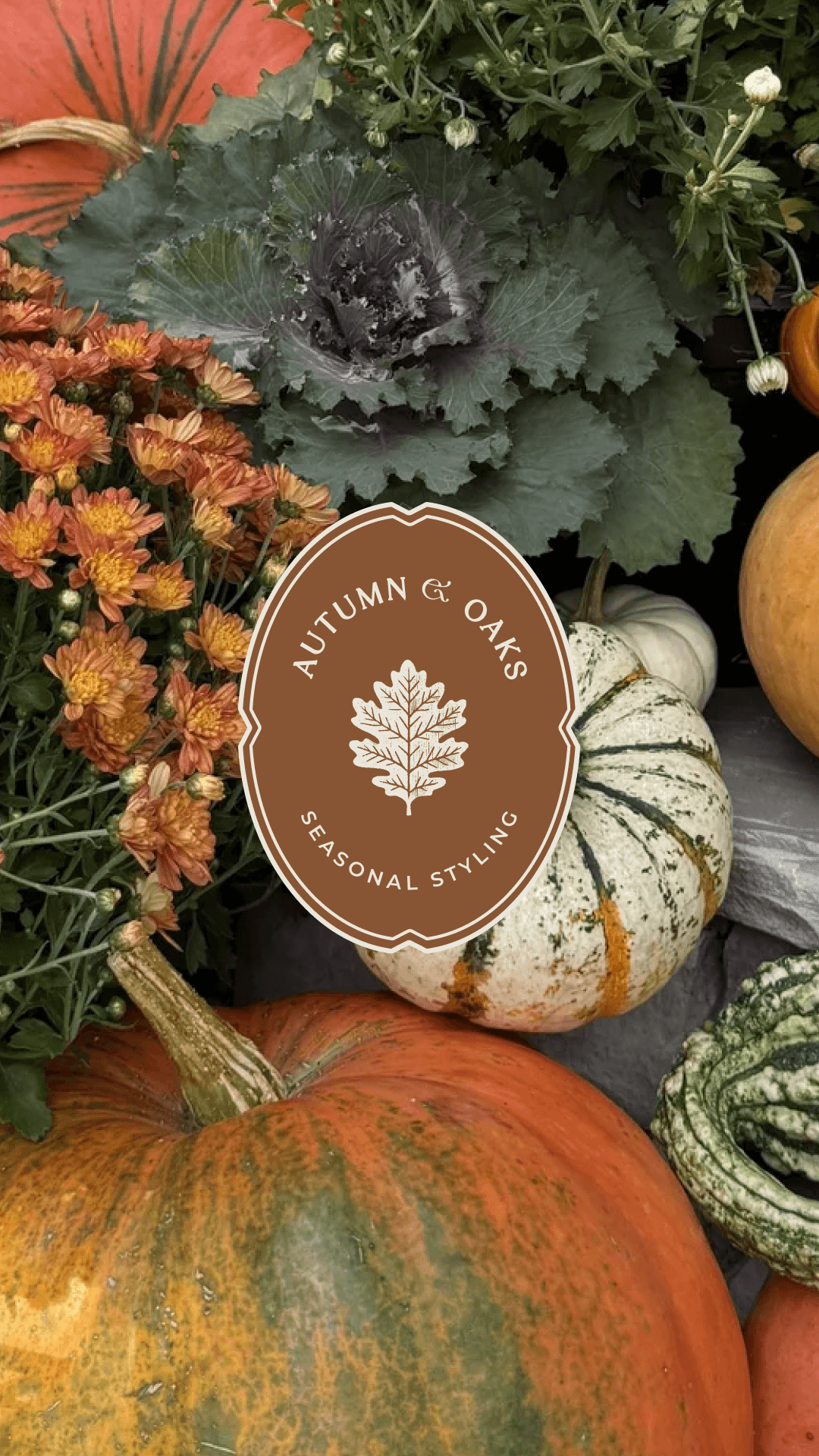 A vibrant autumn display featuring pumpkins, chrysanthemums, and leafy greens, with a "Autumn & Oaks Seasonal Styling" logo overlayed in the center.