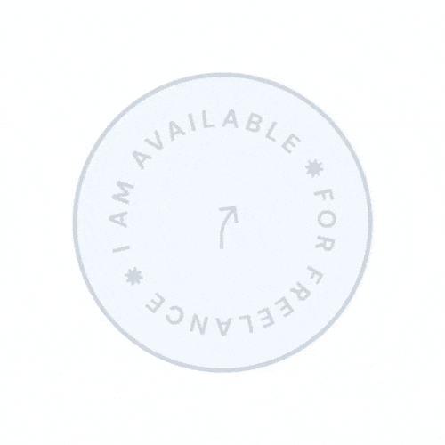 animated icon with text in circle "available for freelance" light blue with dark blue border