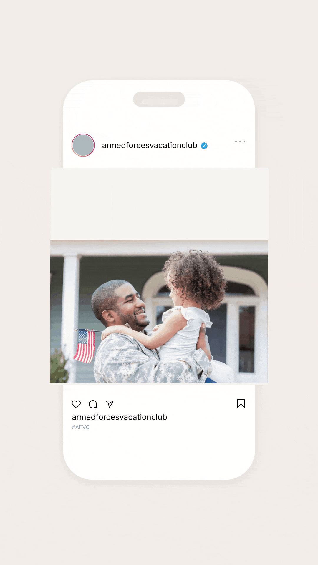 Social media mockup on phone animated of military familys with text that reads” Travel Deal for military families on beige background.