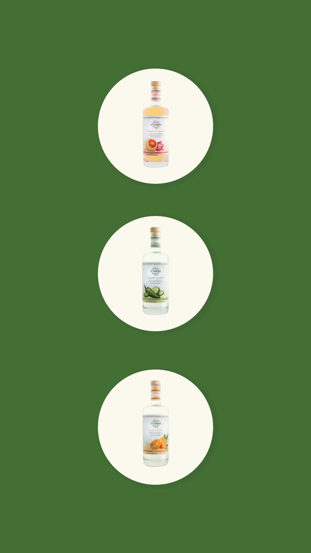 Three bottles centered white circles green background.