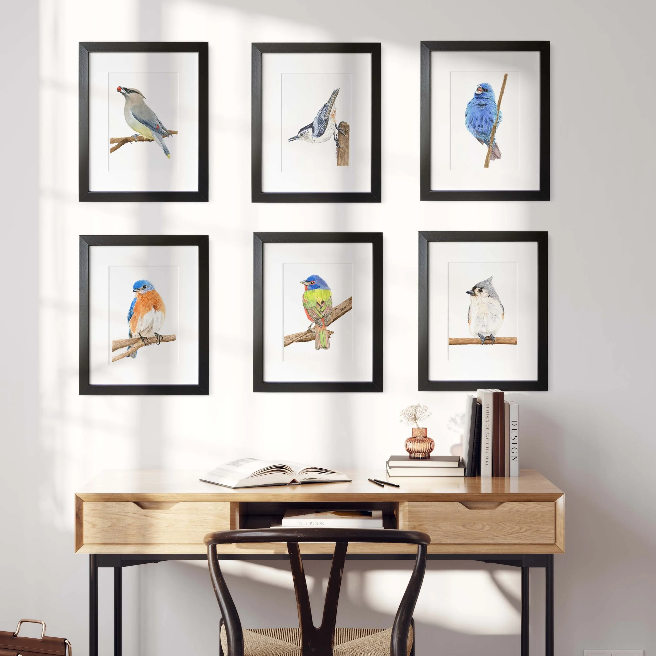 Framed-Watercolor-Bird-Paintings-Waxwing-Nuthatch-Buntings-Bluebird-Titmouse-Desk-MamaDuck-Art-Beth-Smith.jpg