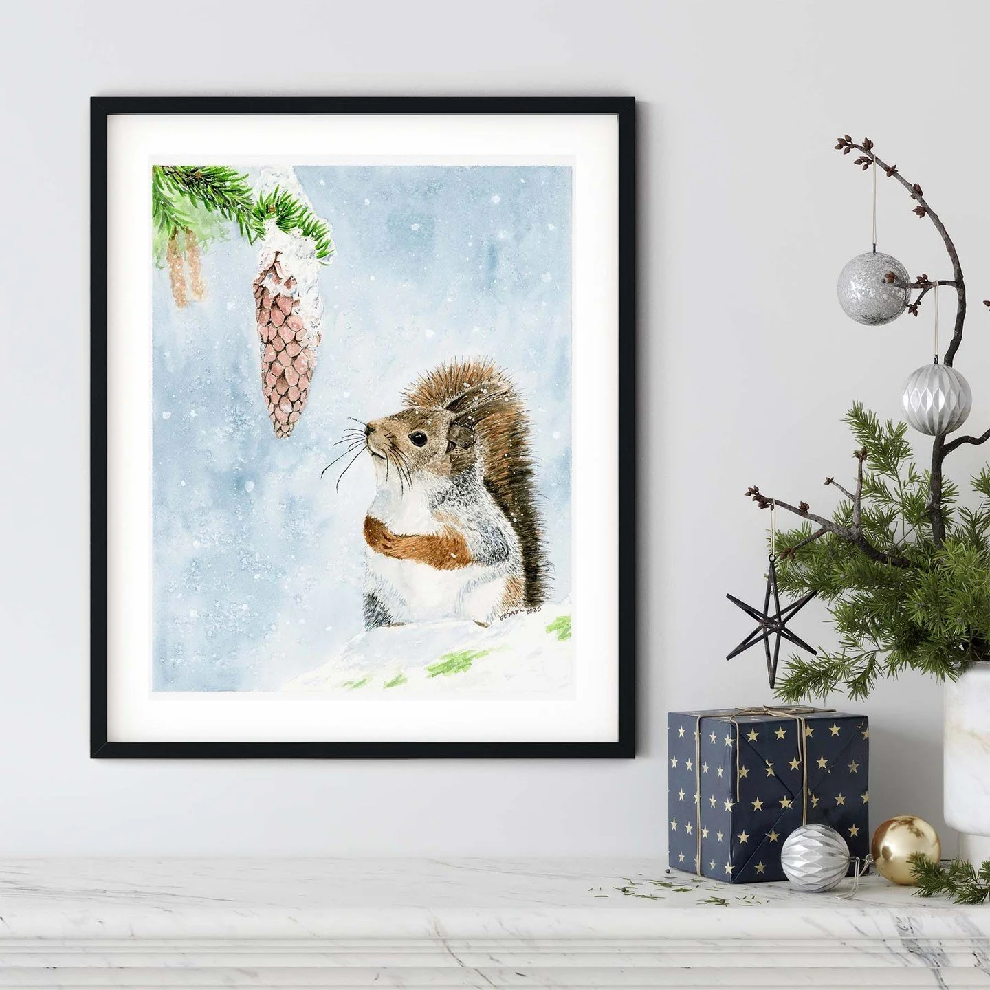 As we continue the Holiday Collection reveals, may I introduce &ldquo;Evergreen Wonder&rdquo; with a little Red Squirrel enamored by a prized pinecone as the snow falls quietly around him. This painting reflects wonder as this little guy seems amazed