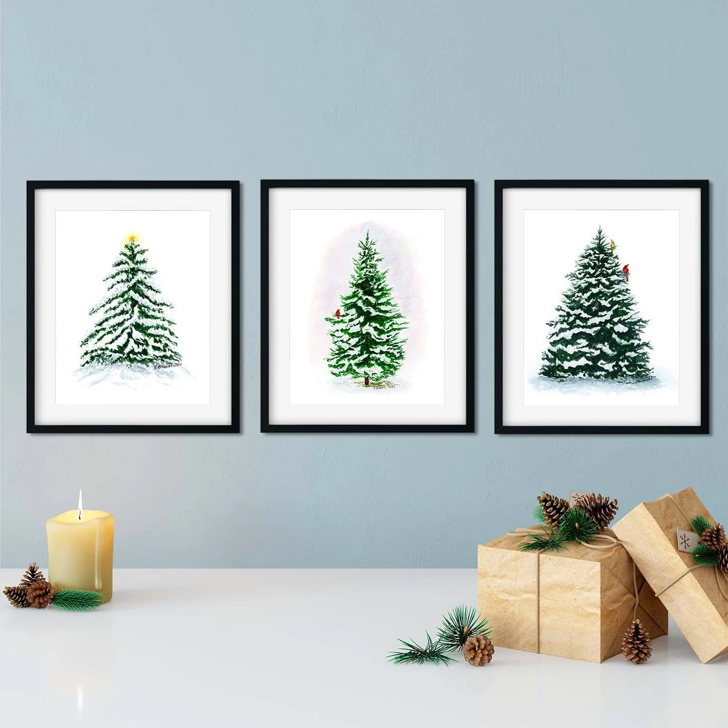 One of my favorite collections is back! This beautiful series of evergreen tree paintings is once again available in the Holiday Shop 2025 (mamaduckart.com). They are available as individual fine art prints as well as a print collection bundle of the