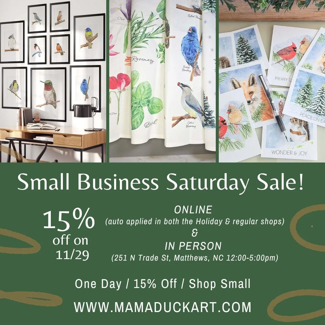 SURPRISE! It's Small Business Saturday, so let's have a sale today! Everything on the website AND in person at The Landing Market in downtown Matthews NC is 15% off today. I encourage you to find ways to SHOP SMALL today and support small businesses 