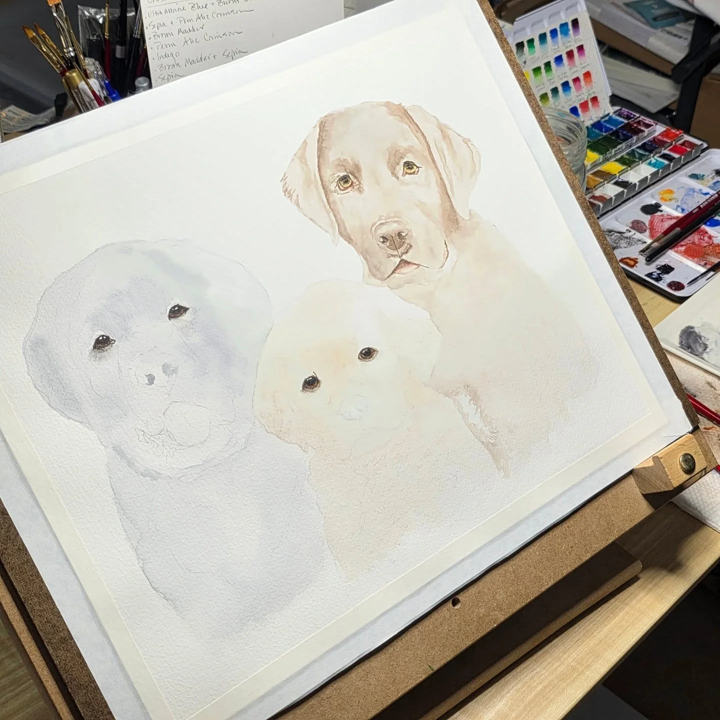 VERY early in the process, but the eyes are in &amp; the Chocolate Lab is beginning to take shape. I know it looks strange right now, but there are many more layers &amp; details to come. I'll be focusing on one pup at a time right now because the co