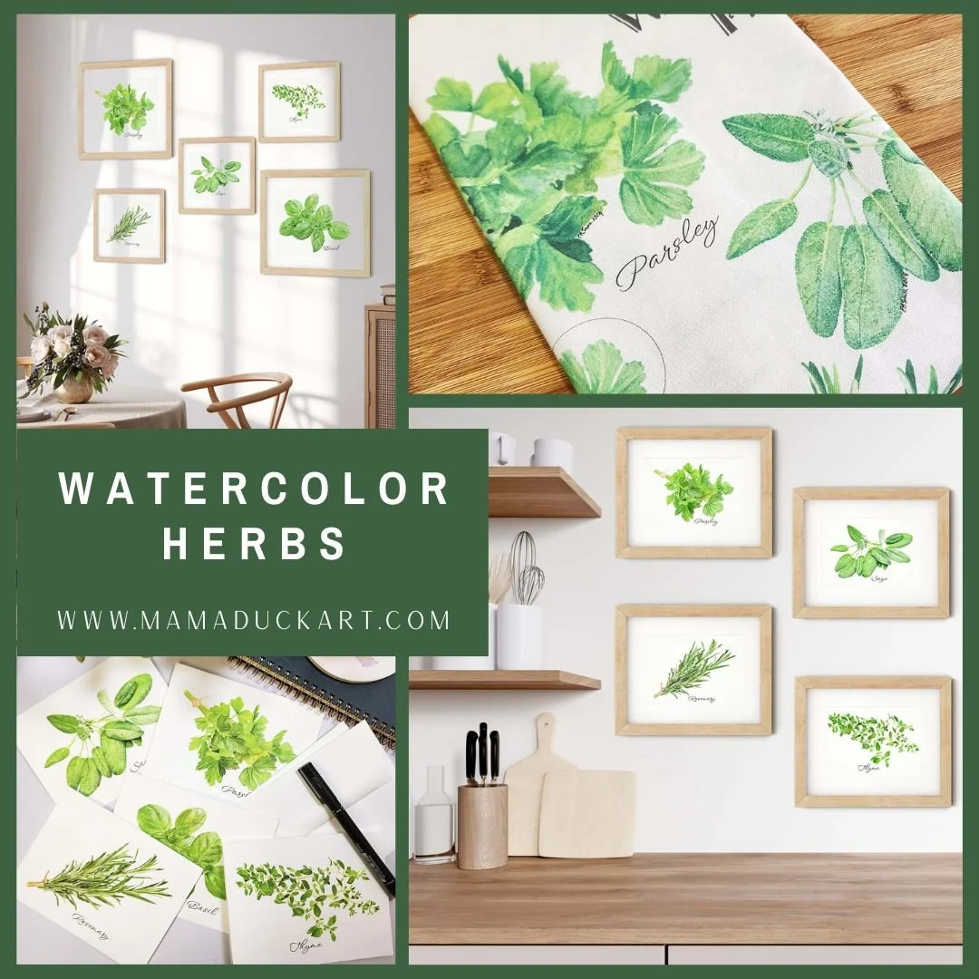 Watercolor herbs on fine art prints, greeting cards, and tea towels. As with the real herbs, they add so much flavor to your decor. Add some parsley, sage, rosemary, thyme, and basil to your home today.

#herbart #kitchendecor #natureart #kitchengift