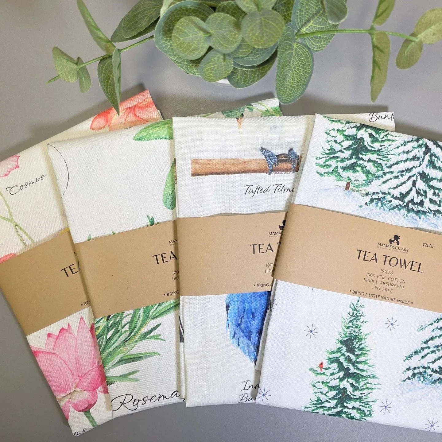 I'm in love with these tea towels!! I use them every day in my own kitchen. They are 100% cotton, lint free, highly absorbent, the perfect size, and... dare I say it?... they're functionally beautiful art!! They dry dishes beautifully, cover rising d