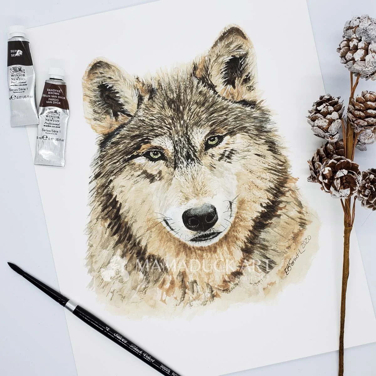 As we celebrate the 5-YEAR ANNIVERSARY of MamaDuck Art, I have to include the "Wolf Intensity" painting. I created this wolf for my daughter who loves wolves, and now this painting represents MamaDuck Art on my business card, marketing post