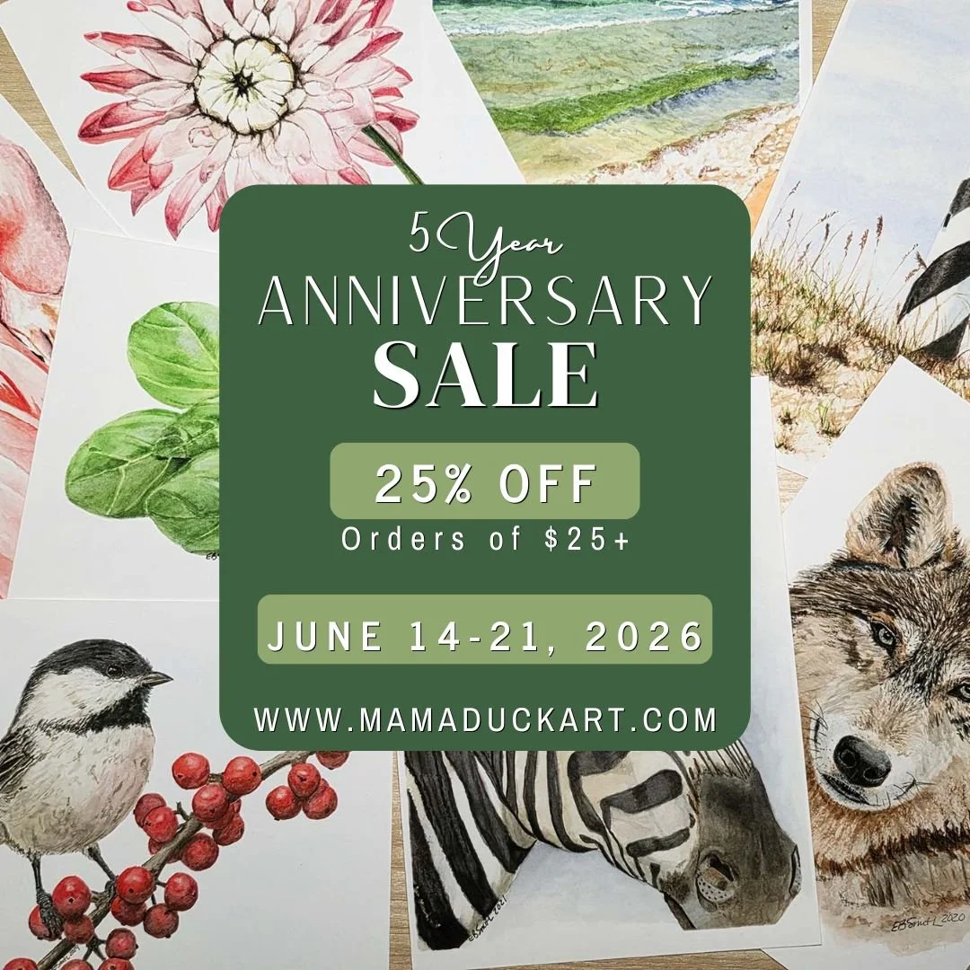 MamaDuck Art is CELEBRATING 5 YEARS of creating nature-inspired art!! What better way to celebrate than with a SALE! From June 14-21, every order of $25 or more will automatically receive a 25% discount at checkout. (This automatic discount will over