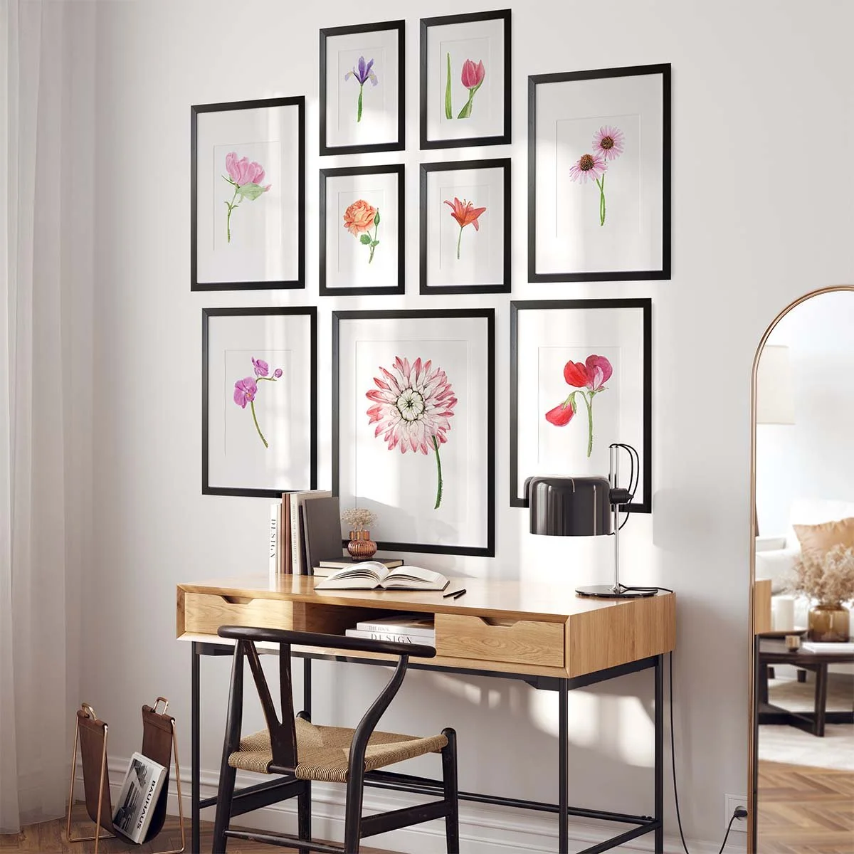 Check out this gallery wall! Take several beautiful flower fine art prints (I recommend MamaDuck Art prints!!) in 2-3 sizes, frame them (matching frames or not - that's up to you), and arrange them on the wall. Easy, eye-catching, and stunning! 

#fl