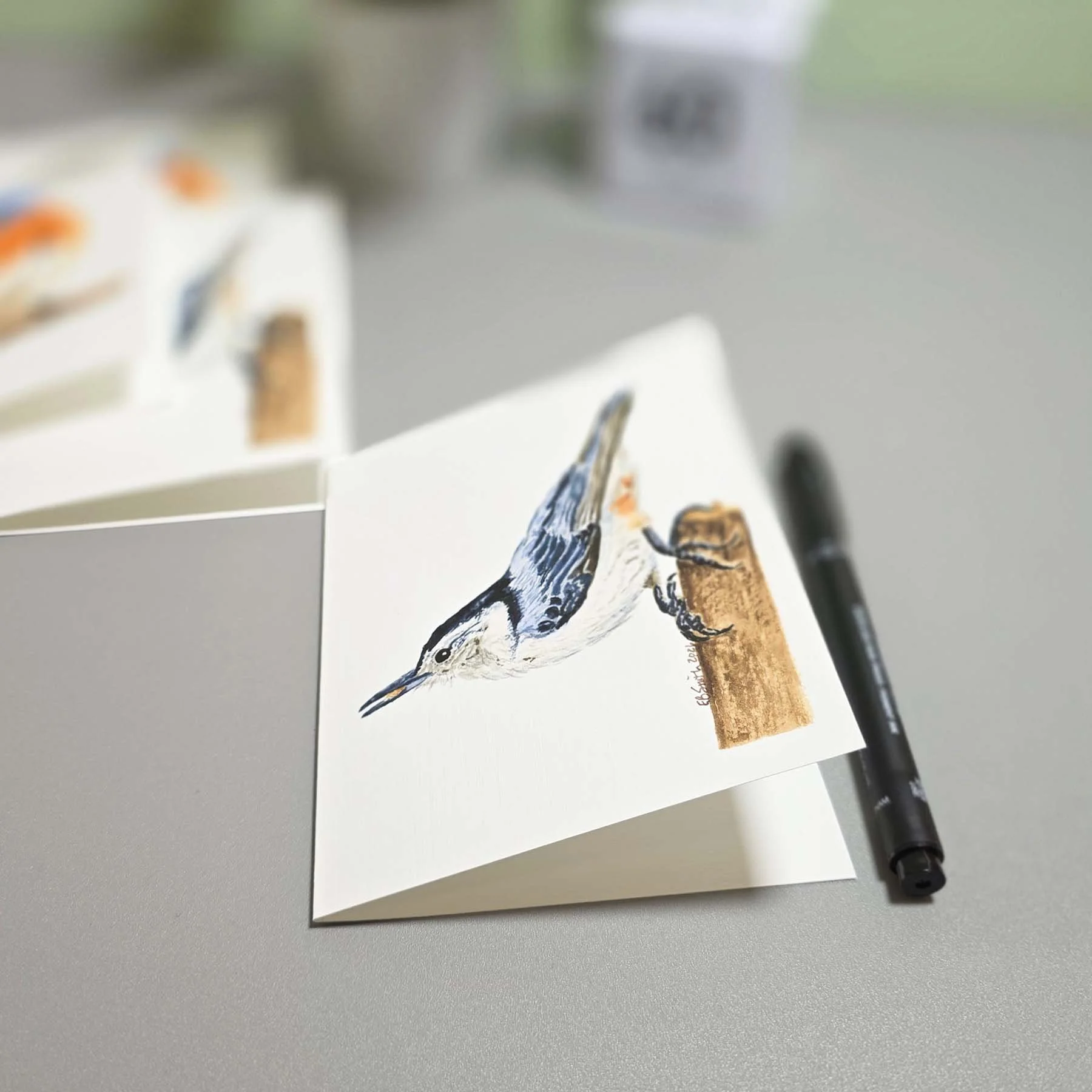 The White-breasted Nuthatch with his gorgeous blue hues and silly antics is now available as a greeting card on the MamaDuck Art website. The inside is blank, so you can use this card for just about any occasion... "thinking of you," "