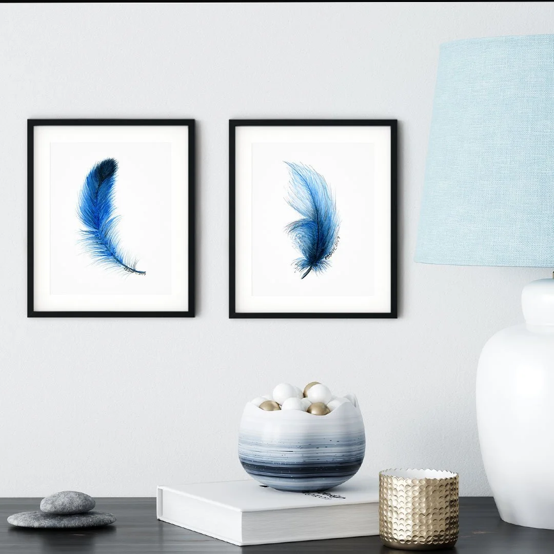 Feathers are gorgeous art, don't you think?! A fine art print of a single blue feather - two versions - individual or as a pair - simple yet complex. The textures and details (that's the complex) in just one feather (that's the simple) creates a stun