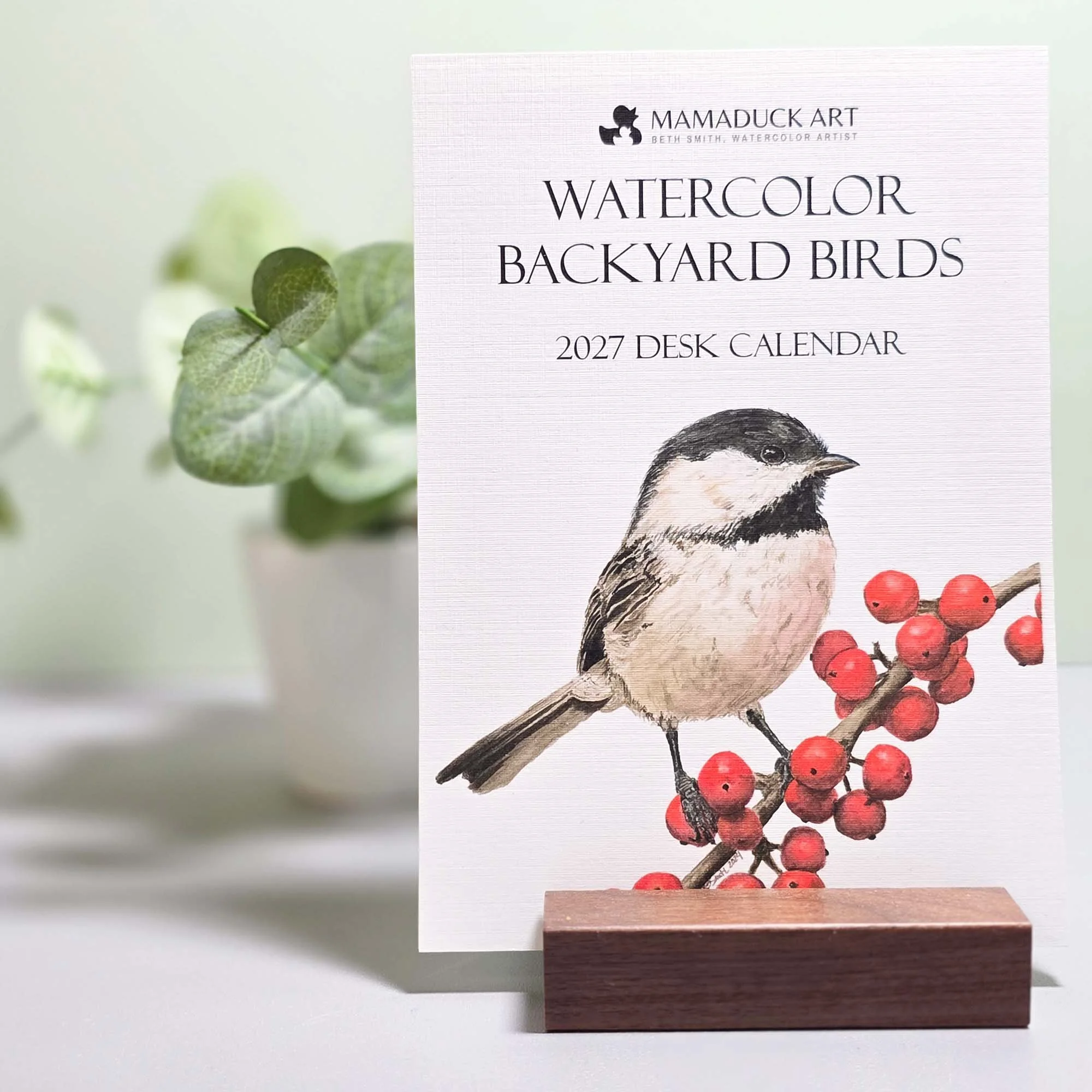 Introducing my Watercolor Backyard Birds 2027 Desk Calendar &mdash; a collection of 12 nature-inspired paintings celebrating the feathered friends that make our backyards so special. Each month features a new watercolor bird painting paired with a mo