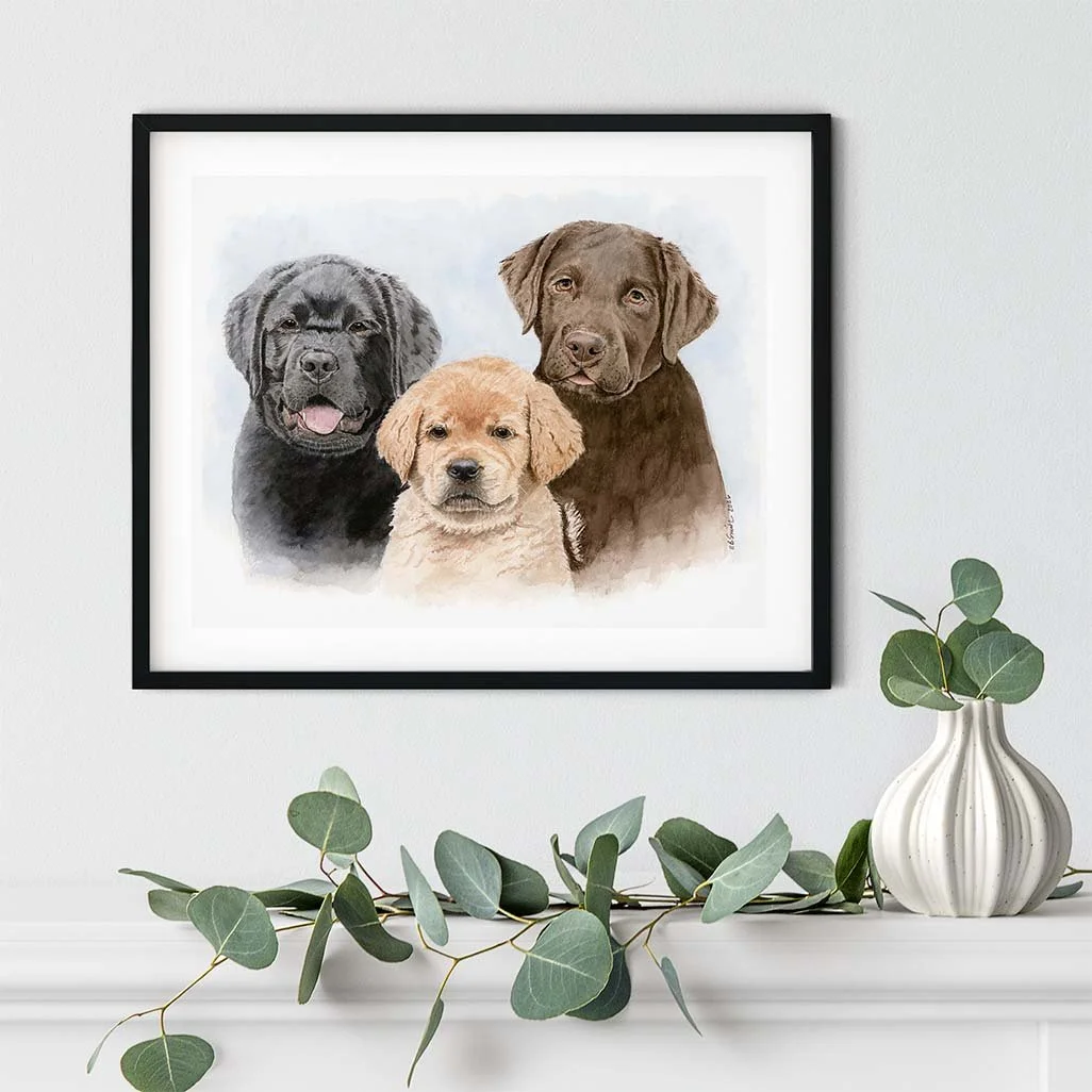 Watercolor-Labrador-Retriever-Puppies-Black-Frame-Mantle-Greenery-MamaDuck-Art-Beth-Smith.jpg