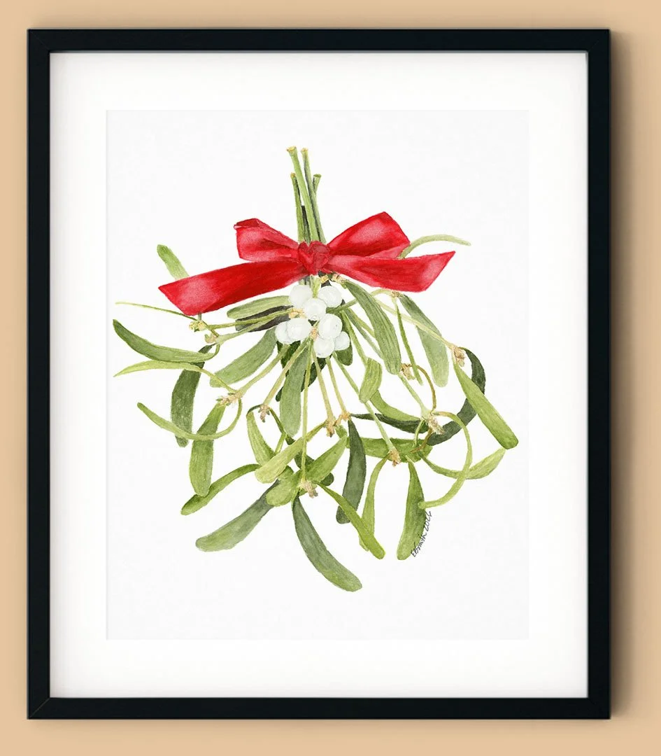 "Mistletoe Kiss" - a vertical watercolor print