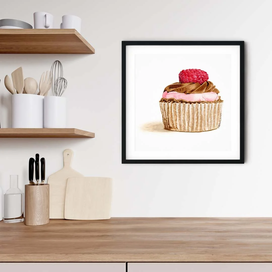 Watercolor-Cupcake-Chocolate-Raspberry-Black-Frame-Kitchen-Setting-MamaDuck-Art-Beth-Smith.jpg