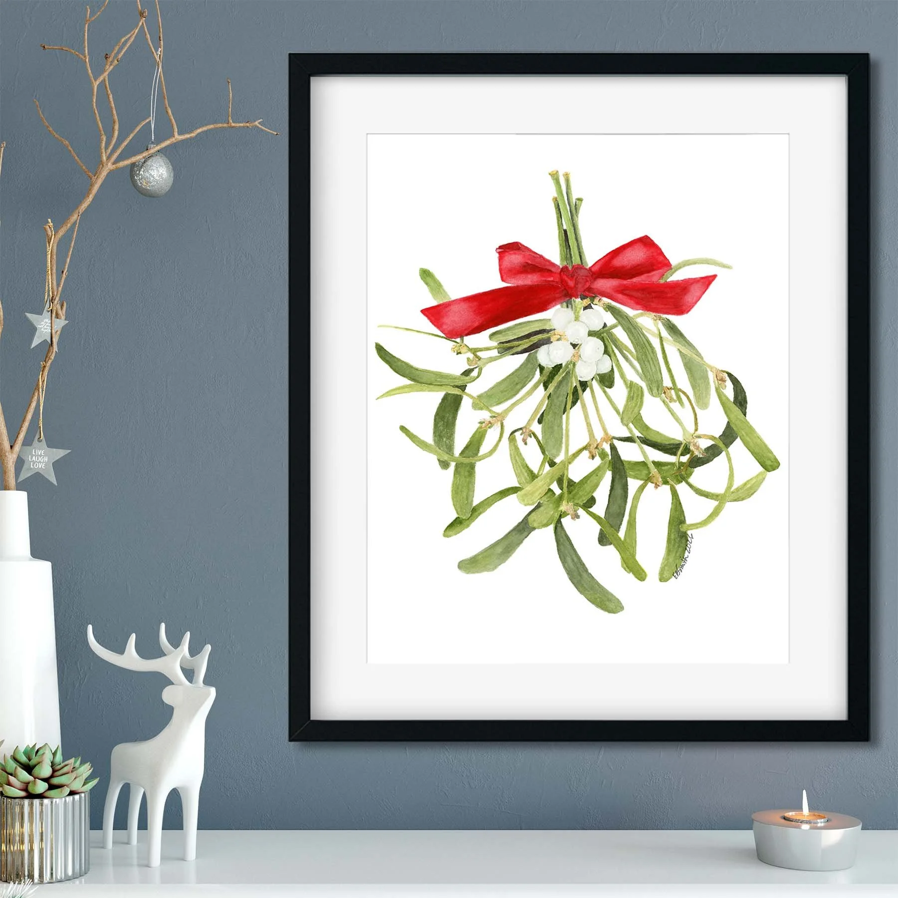 Watercolor-Mistletoe-Red-Bow-Black-Frame-Mantle-Candle-Reindeer-Decor-MamaDuck-Art-Beth-Smith.jpg