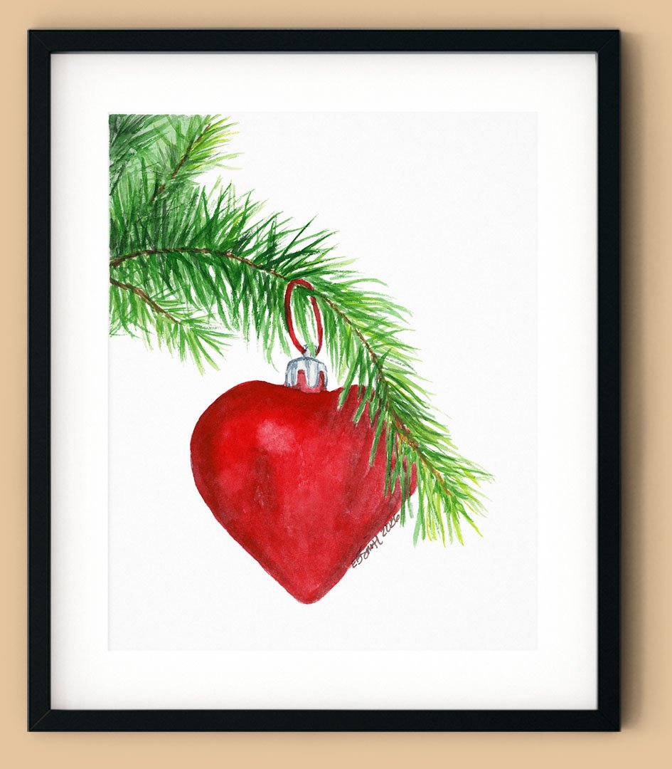 Watercolor-Heart-Ornament-Evergreen-Branch-Black-Frame-MamaDuck-Art-Beth-Smith.jpg