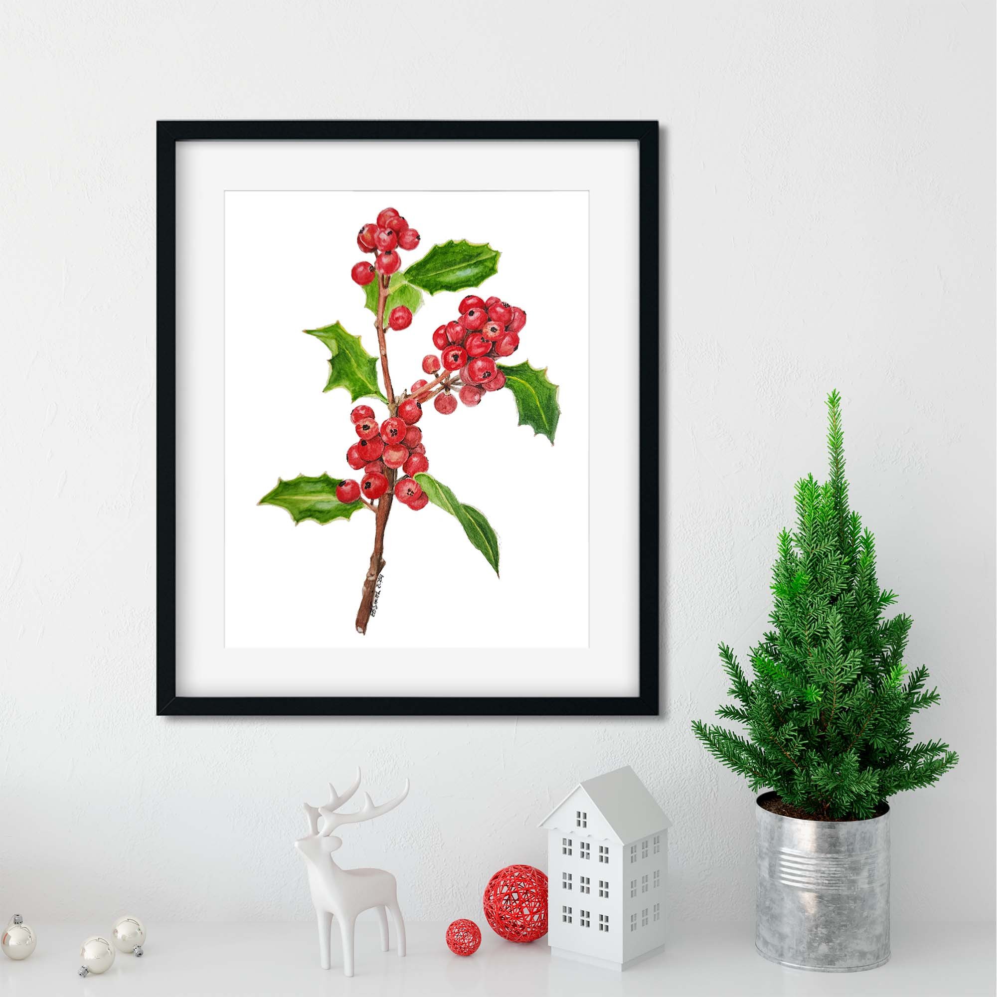 Red-Berry-Sprig-Watercolor-Painting-Black-Frame-Mantle-Evergreen-Decor-MamaDuck-Art-Beth-Smith.jpg