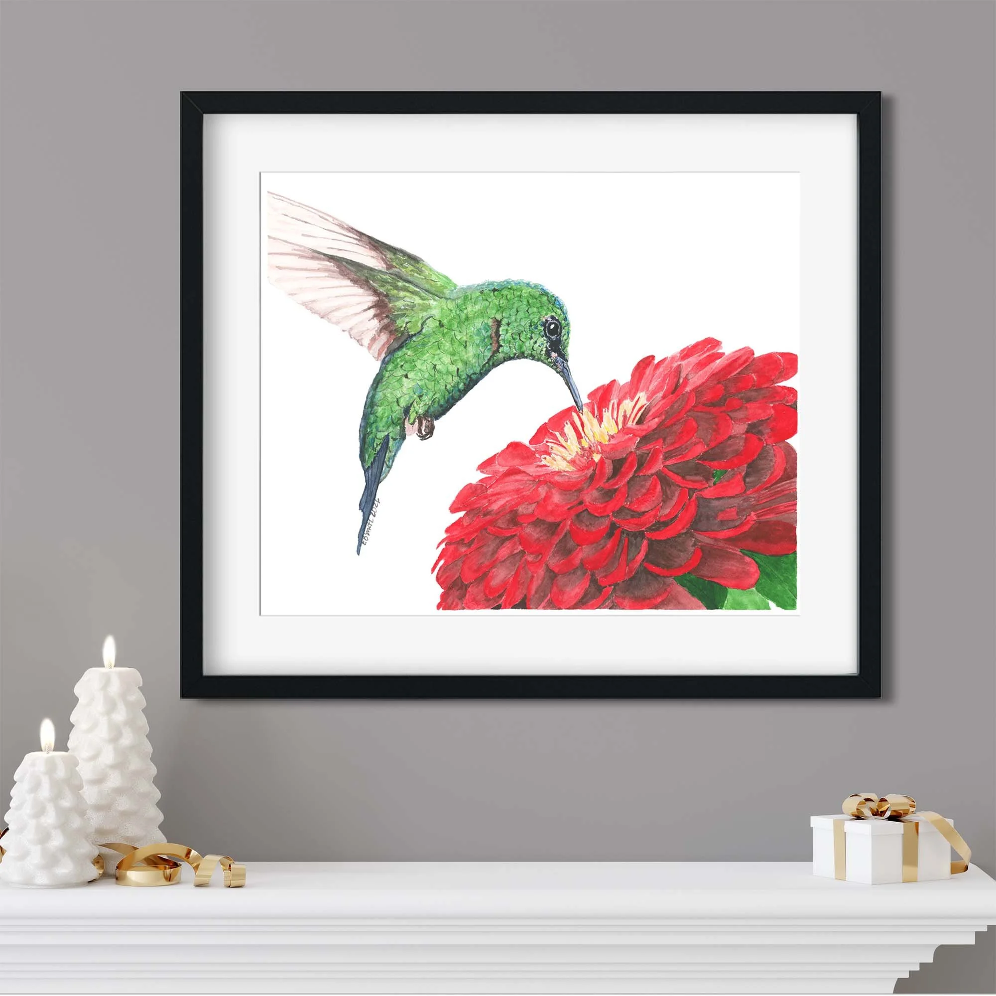 Watercolor-Green-Hummingbird-Red-Zinnia-Flower-Mantle-White-Gold-Decor-MamaDuck-Art-Beth-Smith.jpg