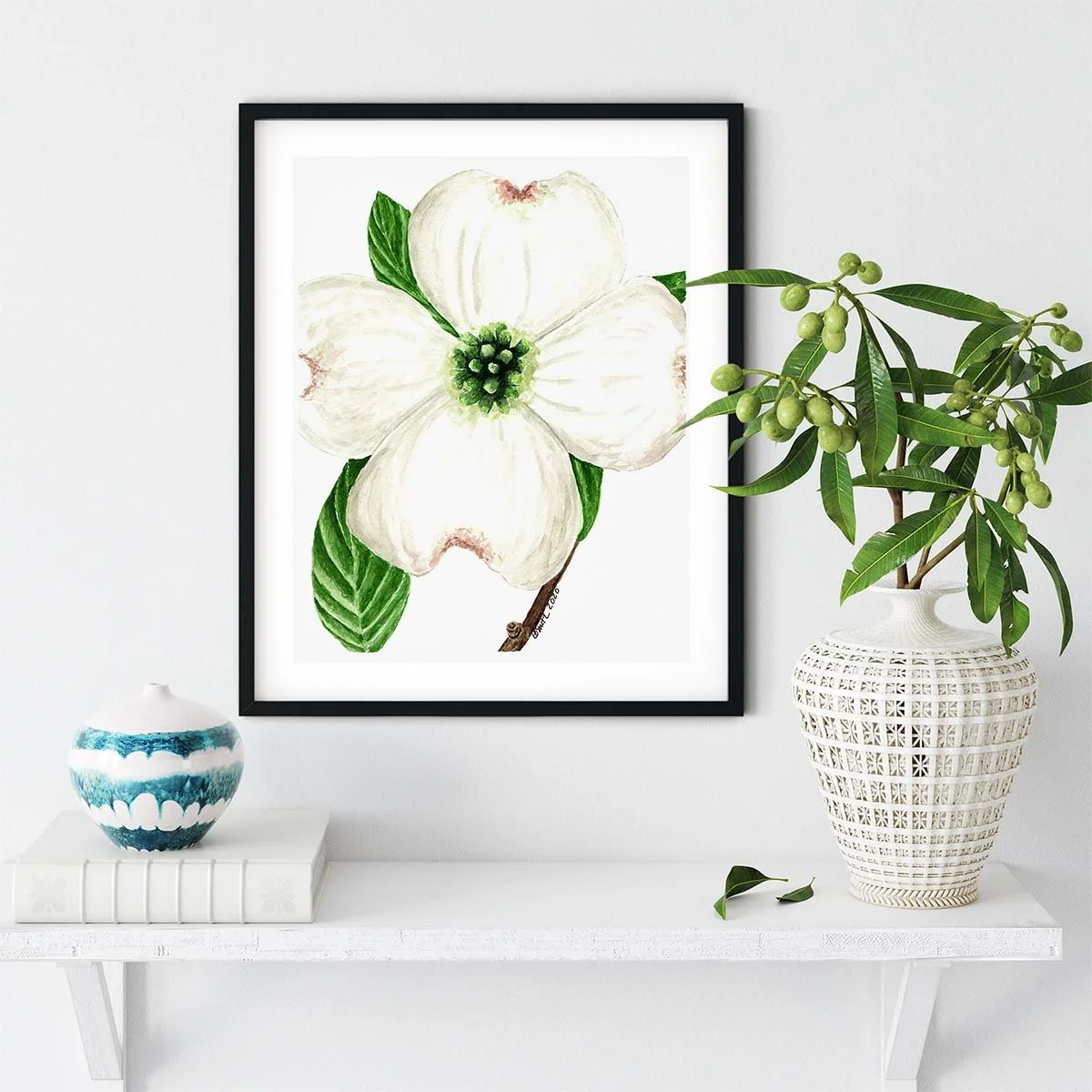 Watercolor-Dogwood-Blossom-Black-Frame-Shelf-Greenery-MamaDuck-Art-Beth-Smith.jpg