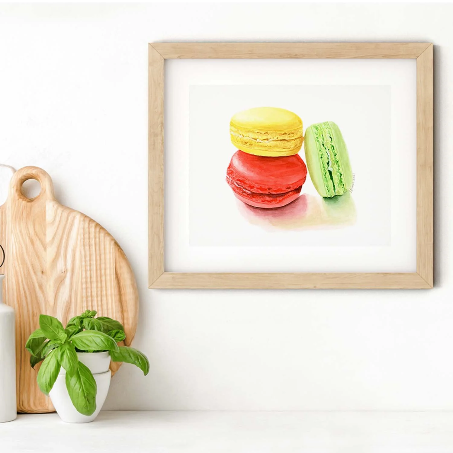 Watercolor-Macarons-Painting-Wood-Frame-Kitchen-Setting-Wood-Cutting-Board-MamaDuck-Art-Beth-Smith.jpg