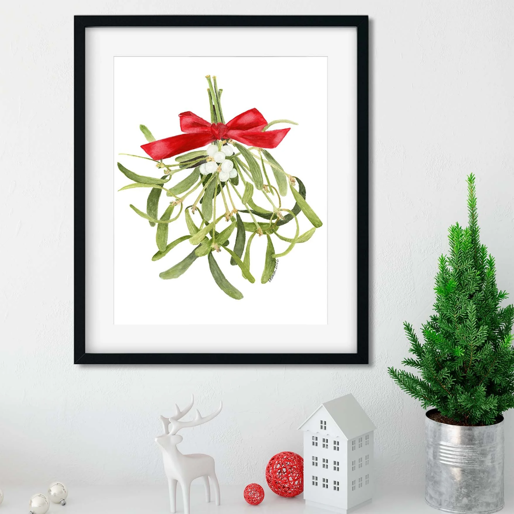 Watercolor-Mistletoe-White-Berries-Red-Bow-Black-Frame-Mantle-Christmas-Decor-MamaDuck-Art-Beth-Smith.jpg