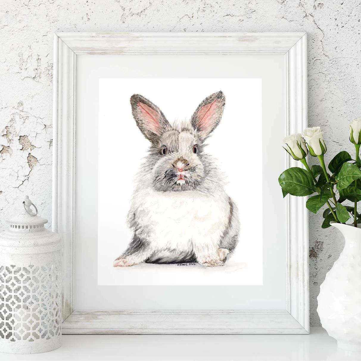 Watercolor-Bunny-White-Frame-Mantle-Roses-Lantern-MamaDuck-Art-Beth-Smith.jpg