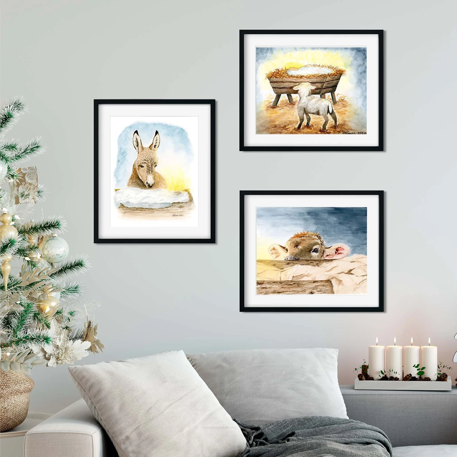 Nativity-Collection-3-Watercolor-Paintings-Wall-Sofa-Tree-Black-Frames-Lamb-Donkey-Calf-MamaDuck-Art-Beth-Smith.jpg