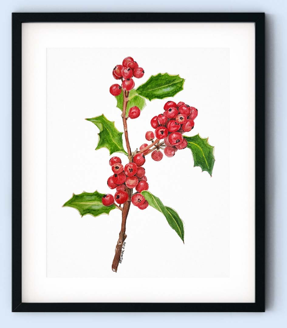 Watercolor-Painting-Berry-Holly-Sprig-Black-Frame-MamaDuck-Art-Beth-Smith.jpg