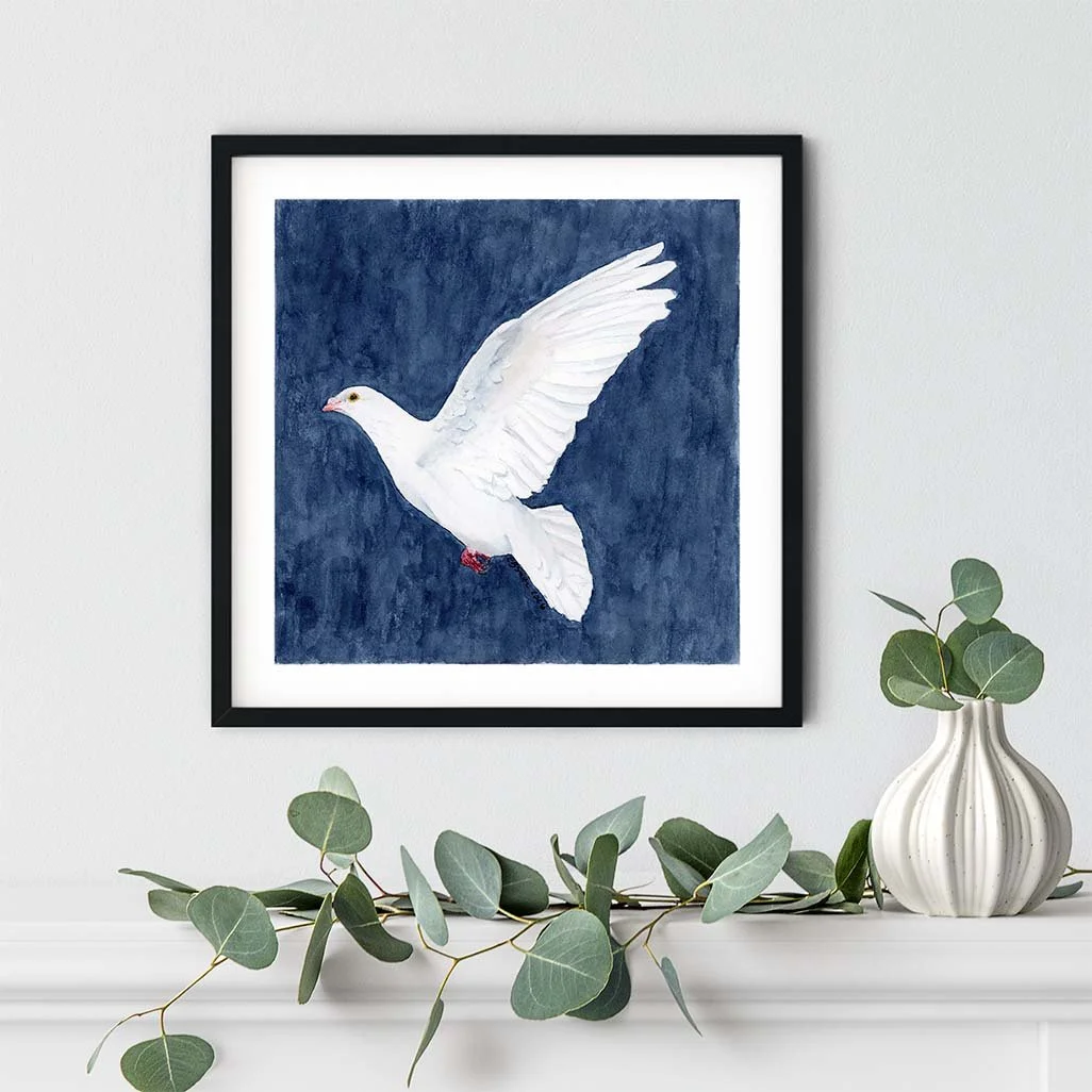 Watercolor-White-Dove-Indigo-Background-Black-Frame-Square-Mantle-Greenery-MamaDuck-Art-Beth-Smith.jpg
