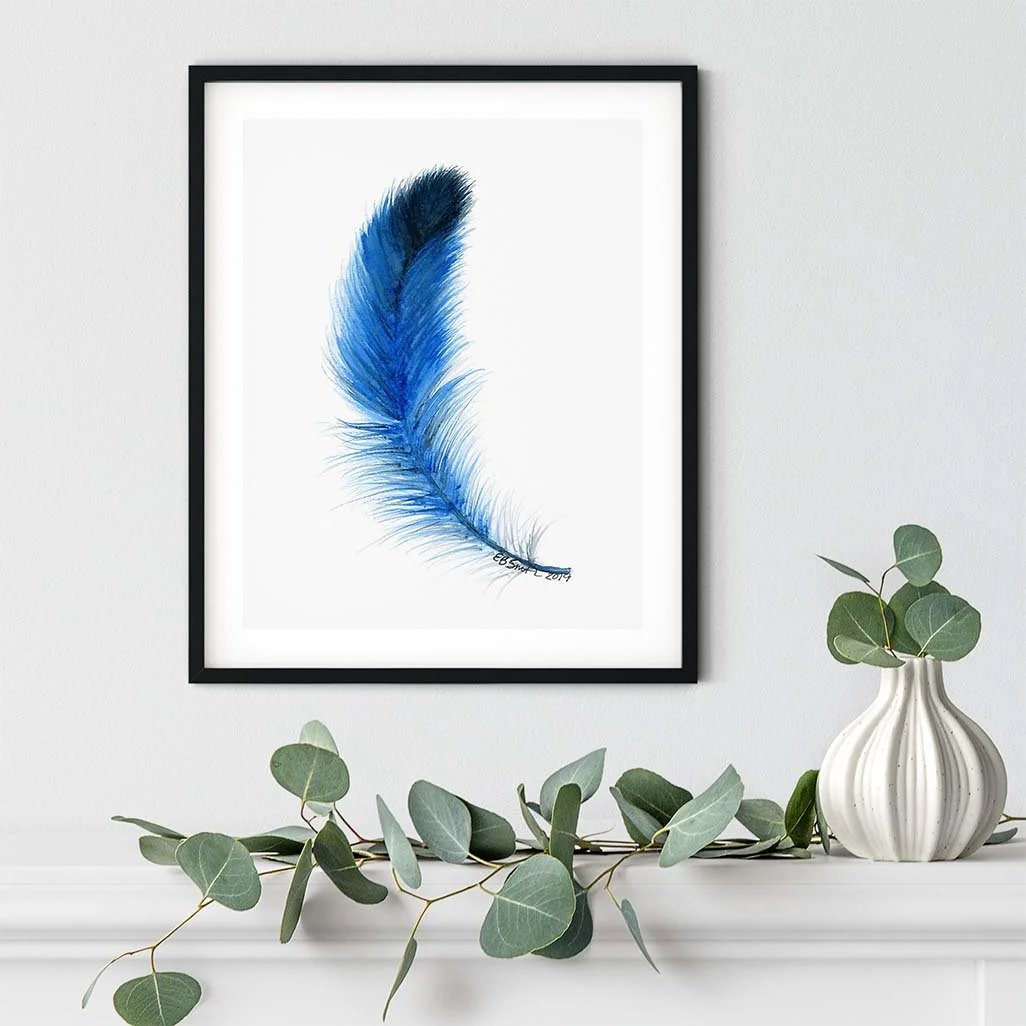 Watercolor-Floating-Feather-Black-Frame-Mantle-Greenery-MamaDuck-Art-Beth-Smith.jpg