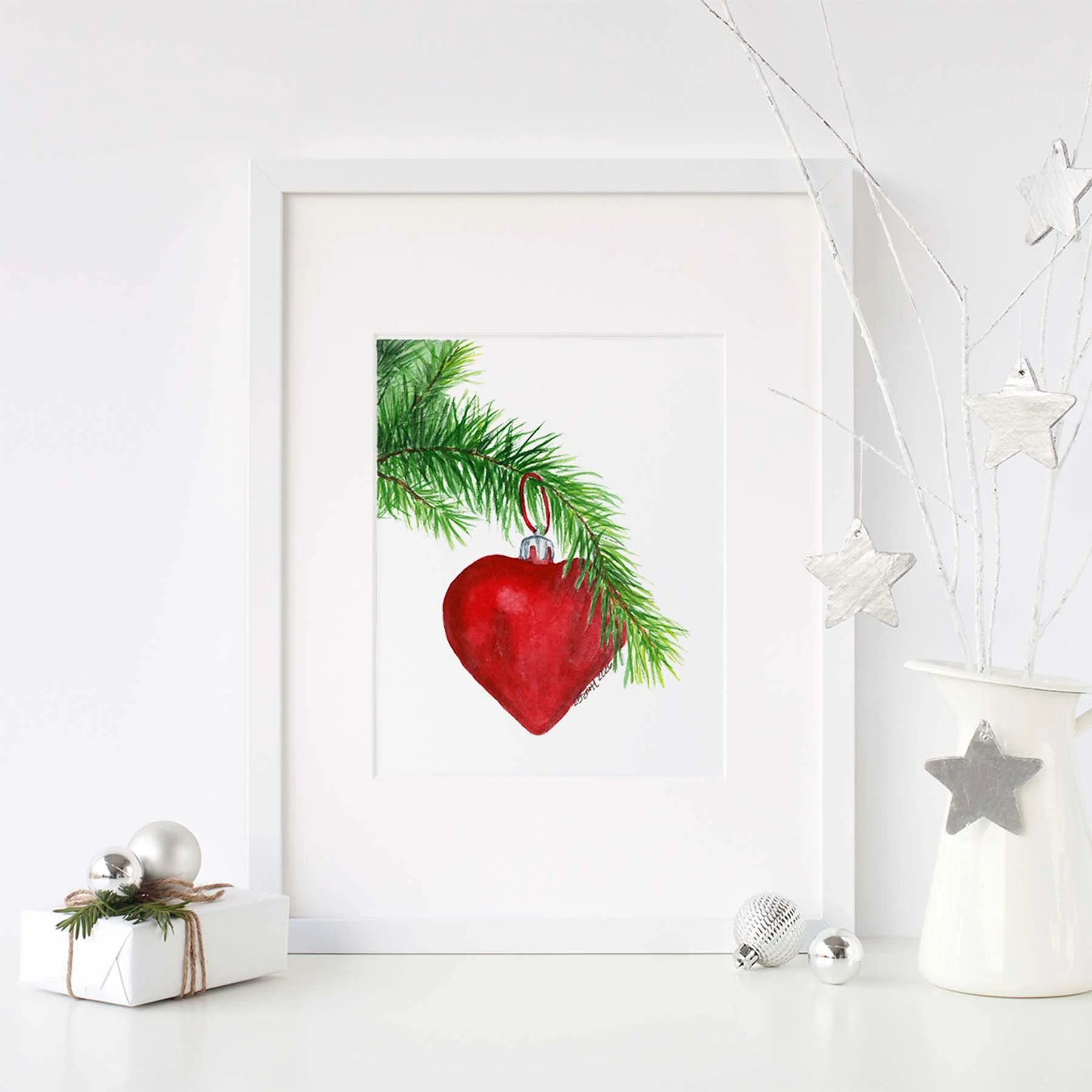 Watercolor-Heart-Ornament-White-Frame-Star-Decor-Wrapped-Gift-MamaDuck-Art-Beth-Smith.jpg