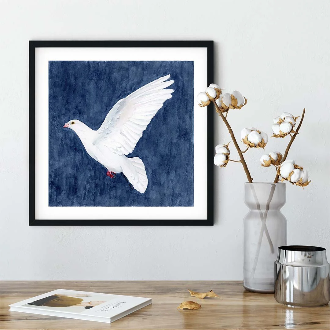 Watercolor-White-Dove-Indigo-Background-Black-Frame-Table-Cotton-Branch-MamaDuck-Art-Beth-Smith.jpg