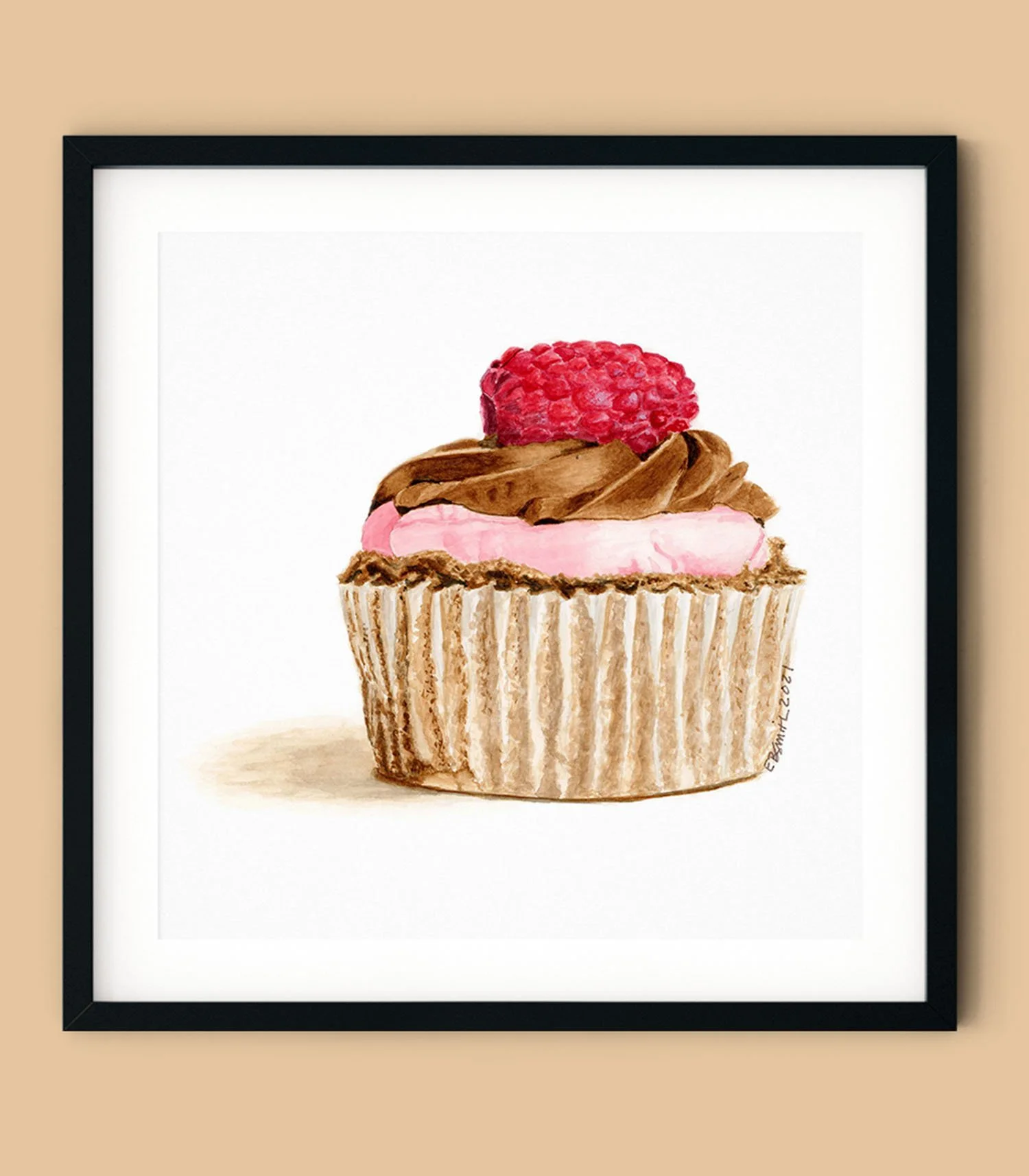 Watercolor-Cupcake-Raspberry-Chocolate-Black-Frame-MamaDuck-Art-Beth-Smith.jpg
