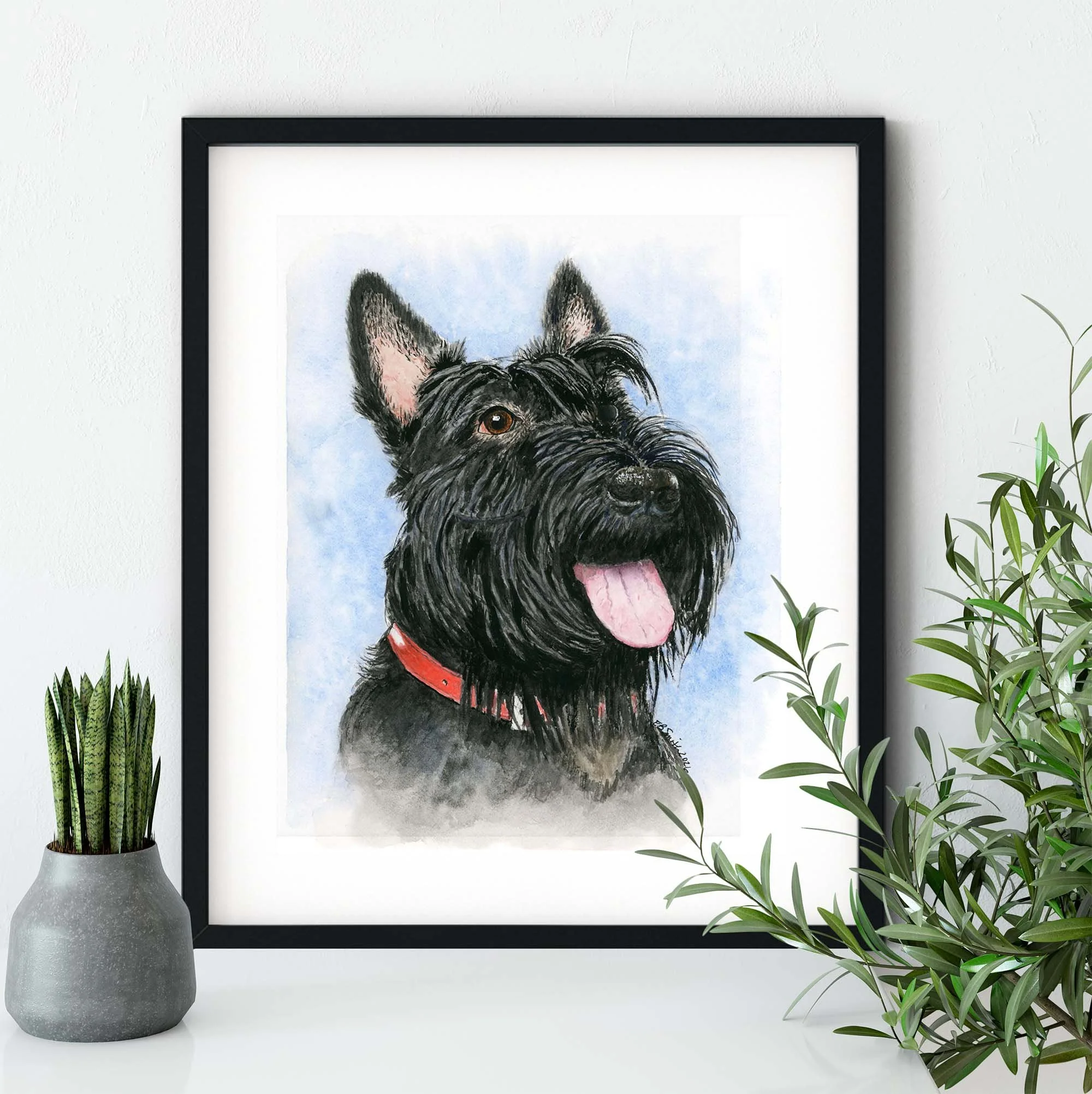 Watercolor-Painting-Scottish-Terrier-Black-Frame-Mantle-Greenery-MamaDuck-Art-Beth-Smith.jpg