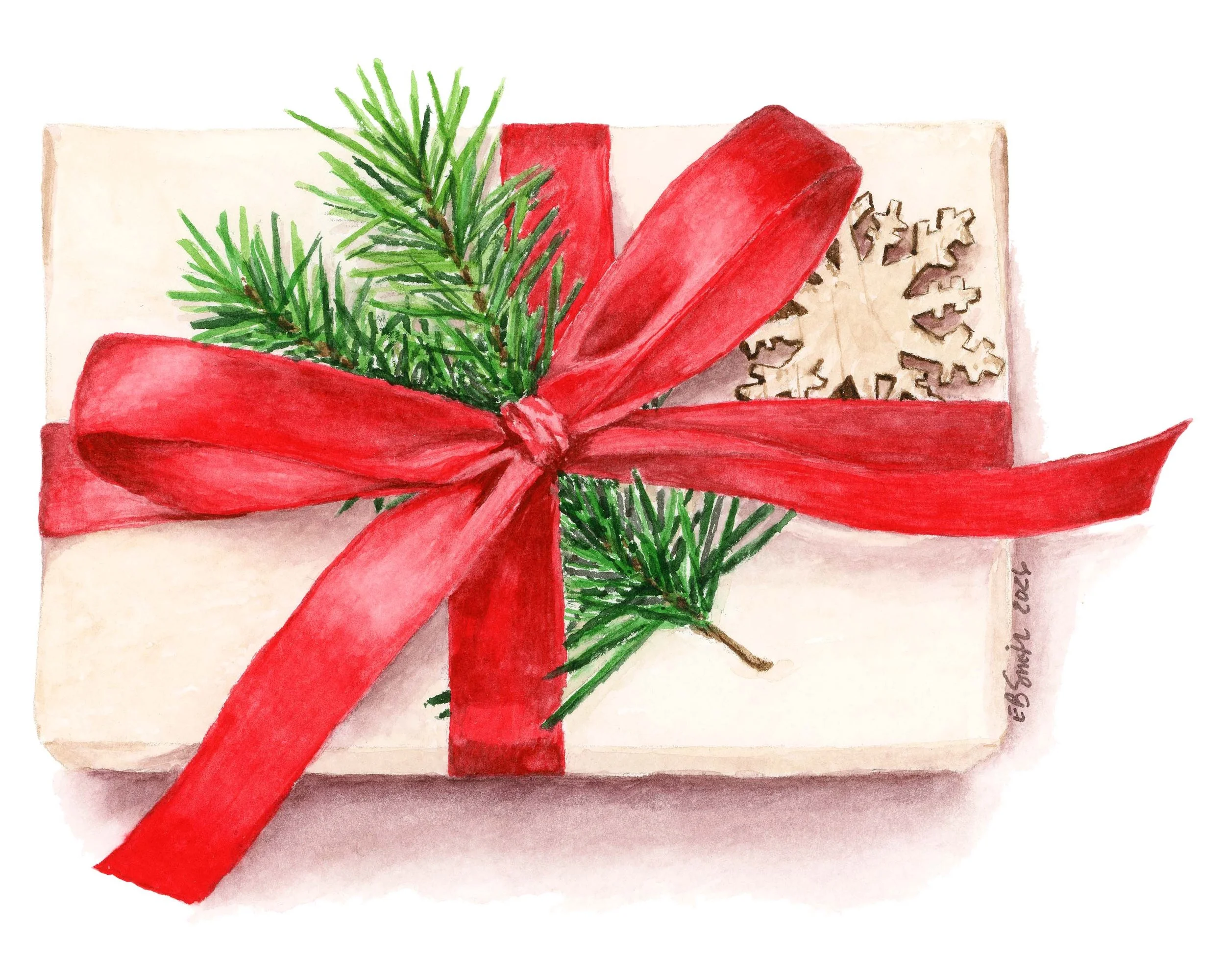 Watercolor-Wrapped-Present-Kraft-Paper-Evergreen-Sprig-Red-Bow-Wooden-Snowflake-MamaDuck-Art-Beth-Smith.jpg