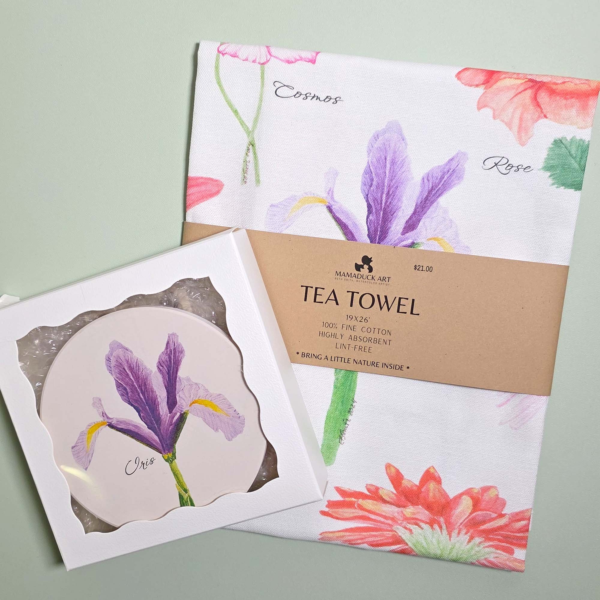 Watercolor-Florals-Tea-Towel-Iris-Ceramic-Coaster-Bundle-MamaDuck-Art-Beth-Smith.jpg