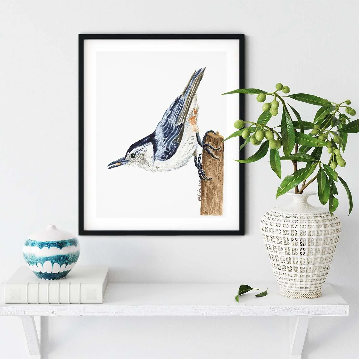 Watercolor-Whitebreasted-Nuthatch-Black-Frame-Shelf-Greenery-Books-Vase-MamaDuck-Art-Beth-Smith.jpg
